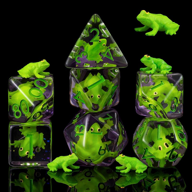 weyano Resin D&D Dice Set, Green Frog Animal Polyhedral Dice for Dungeons and Dragons, RPG, MTG DND 7-DIE (D4, D6, D8, D10, D12, D20, D%) for Ages 15 and Up - Image 1